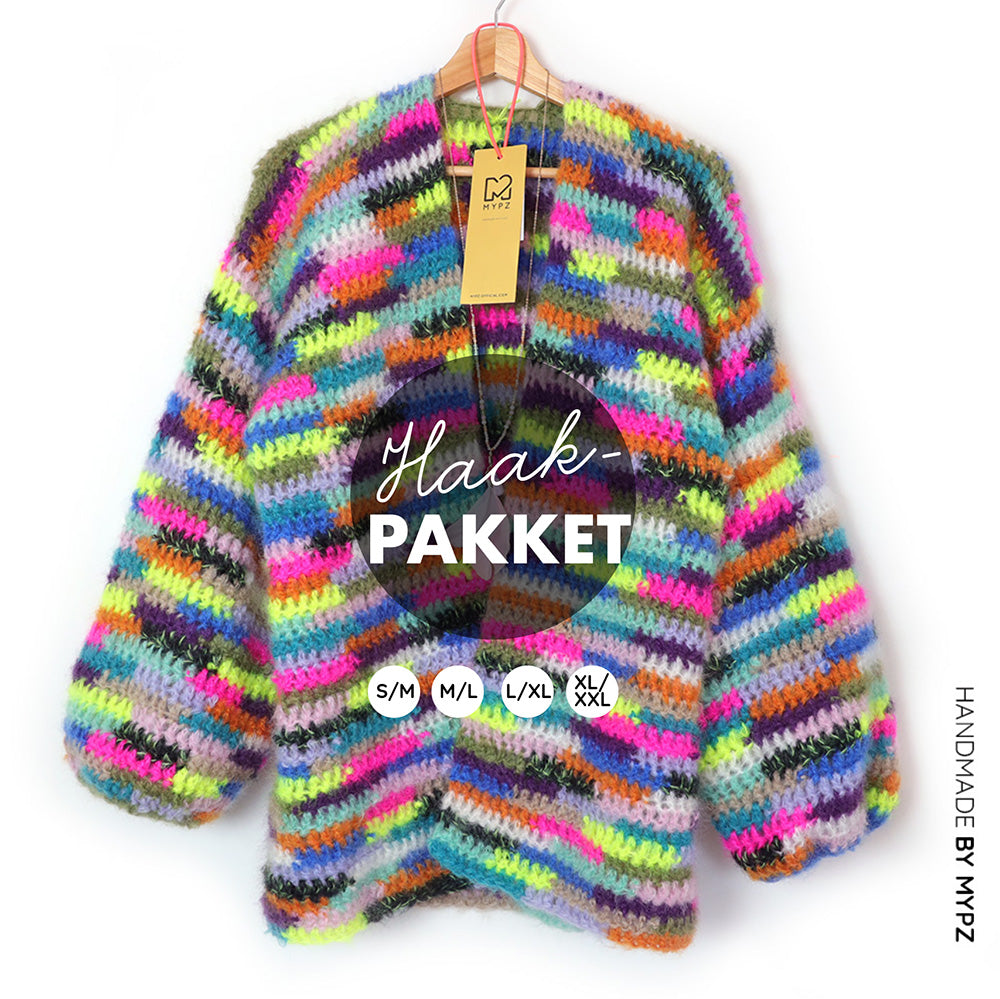 Crochet kit - Chunky Mohair cardigan Groovy Rainbow (ENG-NL)