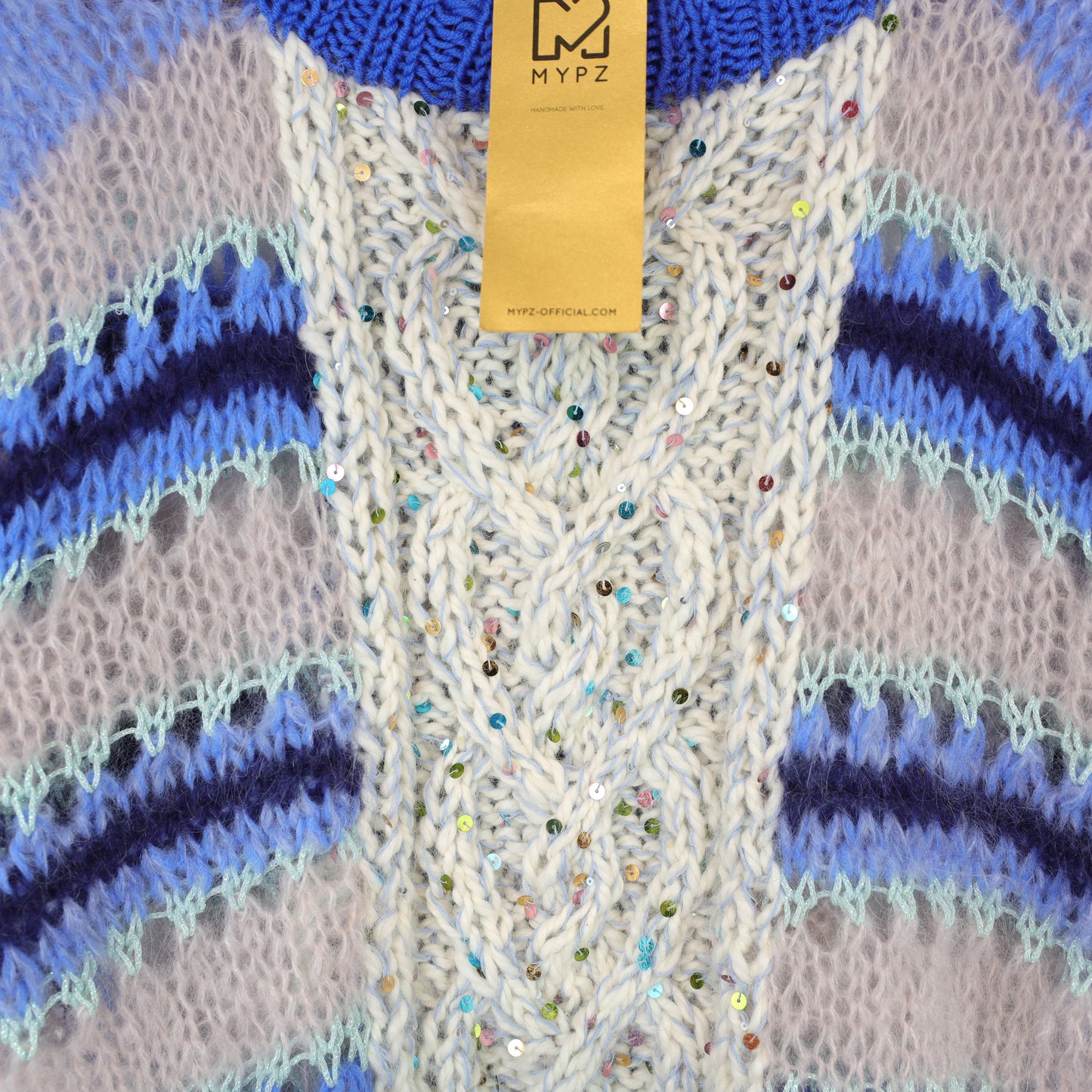 Knitting kit – MYPZ  Light Alpaca Mohair Top Cable Heart Blue No10 (ENG-NL-DE)