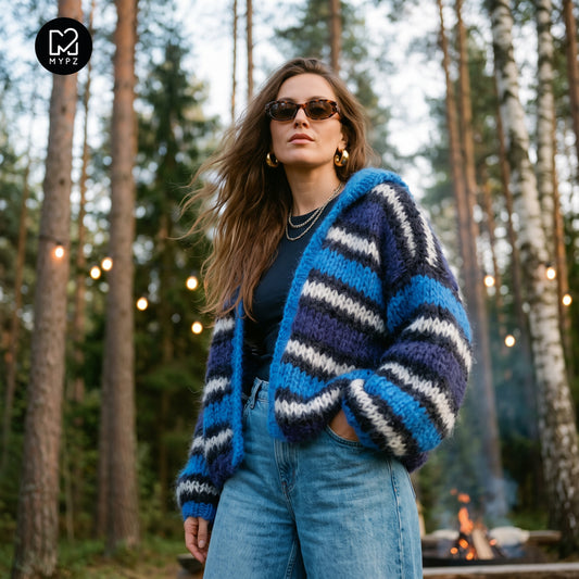 Stickmönster – MYPZ Hooded Chunky Mohair Bomber Cardigan Blue No.15 (ENG-DE-NL-ES-FR-IT-DA-SV-NO)