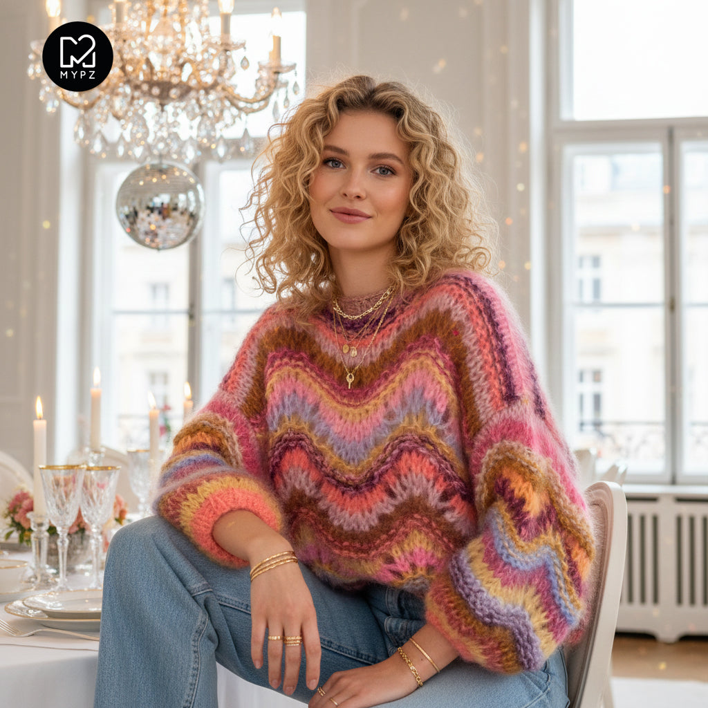 Knitting Kit – Chunky Mohair Pullover Colorflow Wave No.12 (ENG-NL-DE)